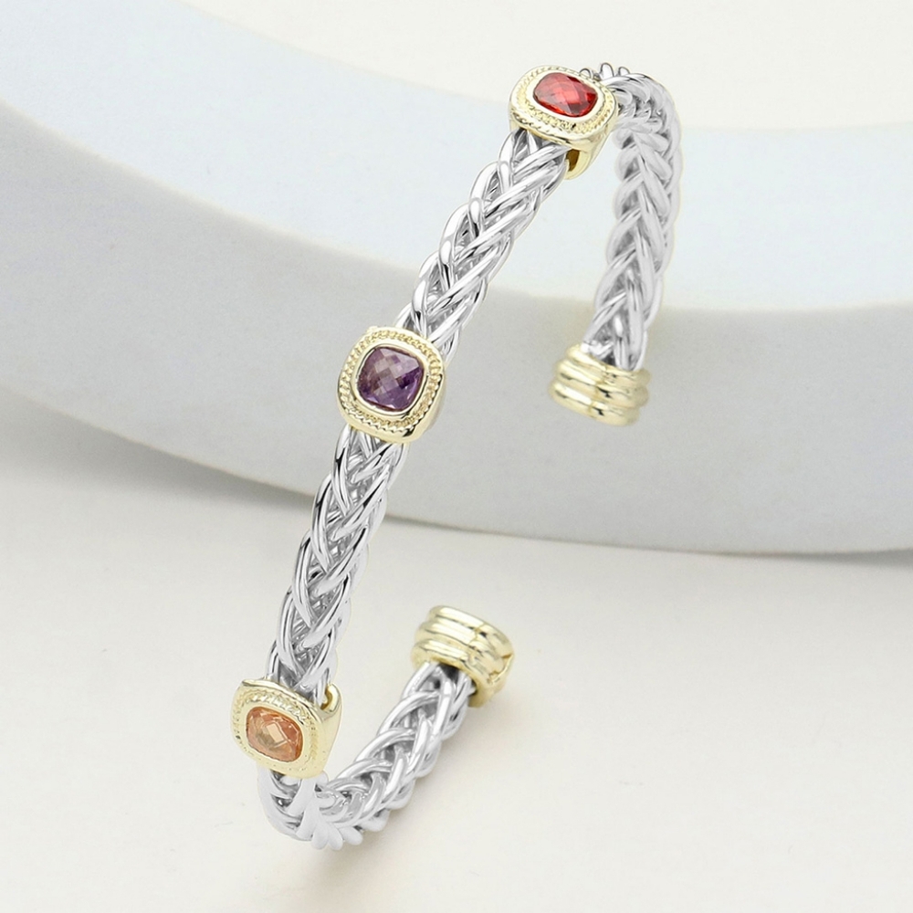 MultiColored Triple Cushion CZ Square Stone Silver Cable Cuff Bracelet Jewelry - Picture 5 of 7